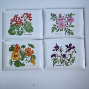 1984 Lillian Vernon Japan Floral Cocktail Trays Milk Glass Plates Set Of 4